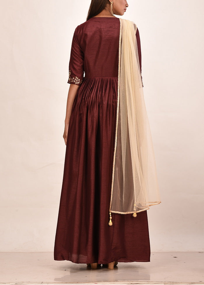 2 Pc Dark Brown Muslin Silk Solid Gown With Dupatta VDVSF00077 - Indian Silk House Agencies