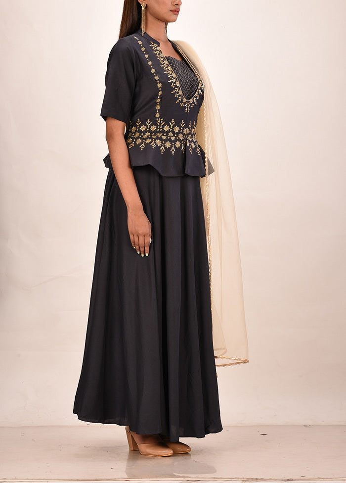 2 Pc Navy Muslin Silk Solid Gown With Dupatta VDVSF00078 - Indian Silk House Agencies