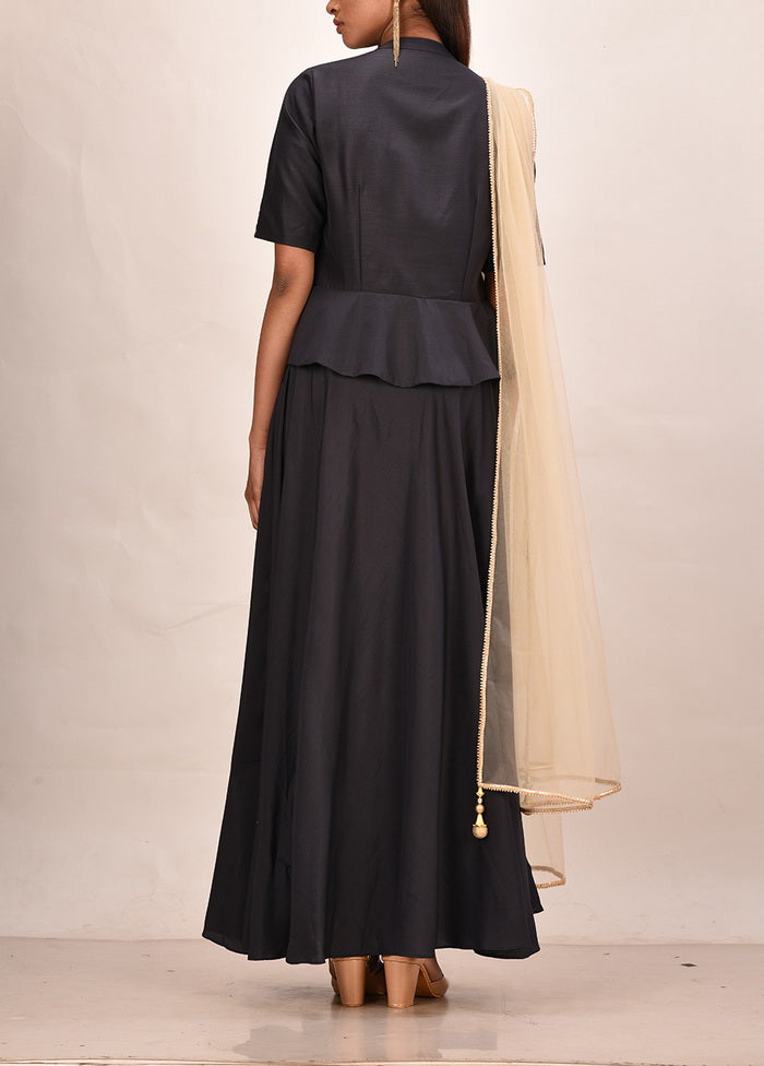 2 Pc Navy Muslin Silk Solid Gown With Dupatta VDVSF00078 - Indian Silk House Agencies
