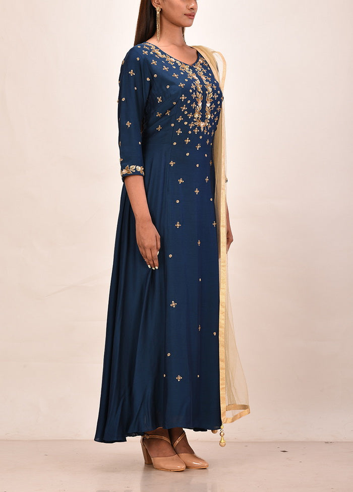 2 Pc Navy Muslin Silk Solid Gown With Dupatta VDVSF00079 - Indian Silk House Agencies