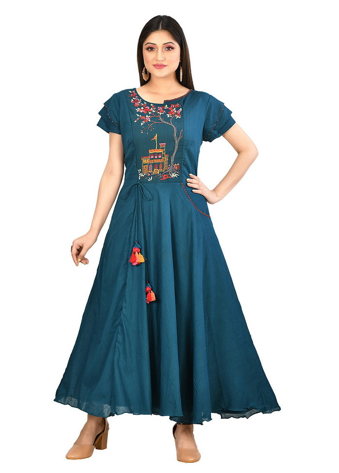 Teal Blue Cotton Malmal Short Sleeves Solid Gown VDVSF00085 - Indian Silk House Agencies