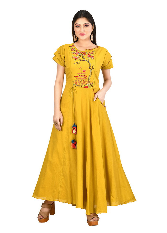 Yellow Cotton Malmal Short Sleeves Solid Gown VDVSF00086 - Indian Silk House Agencies