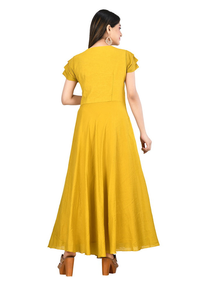 Yellow Cotton Malmal Short Sleeves Solid Gown VDVSF00086 - Indian Silk House Agencies