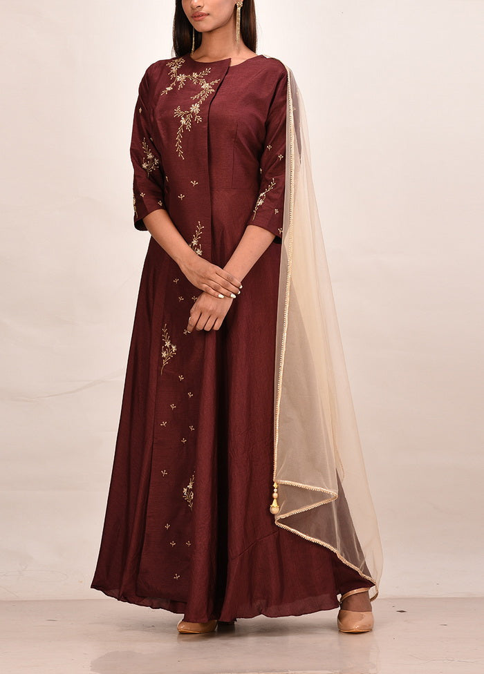 2 Pc Mahroon Dolla Silk Solid Gown With Dupatta VDVSF00094 - Indian Silk House Agencies