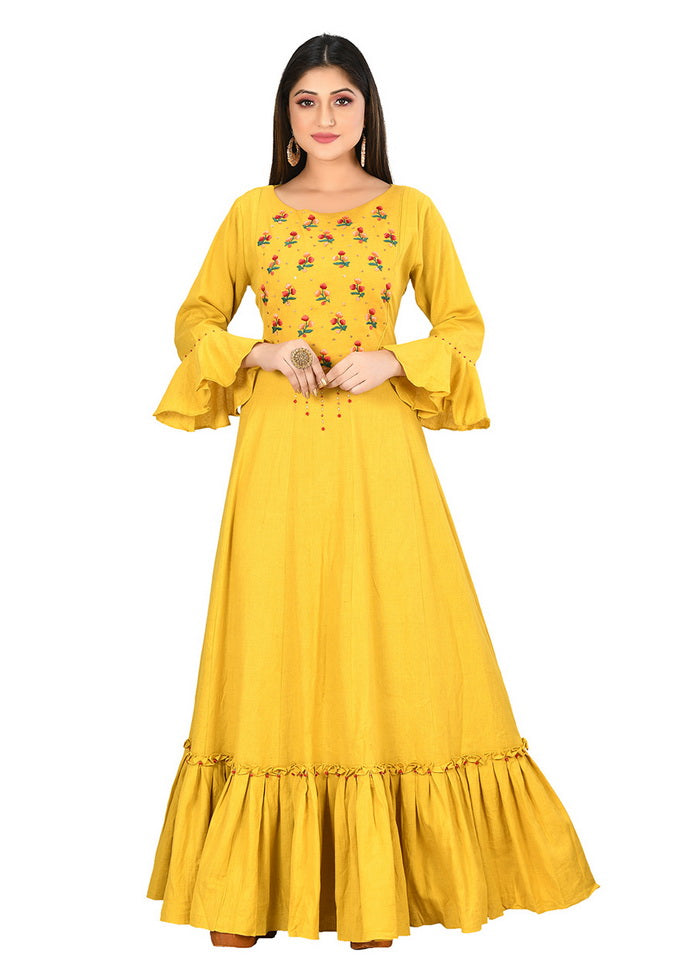 Mustard Cotton Flex Solid Womens Gown VDVSF00095 - Indian Silk House Agencies