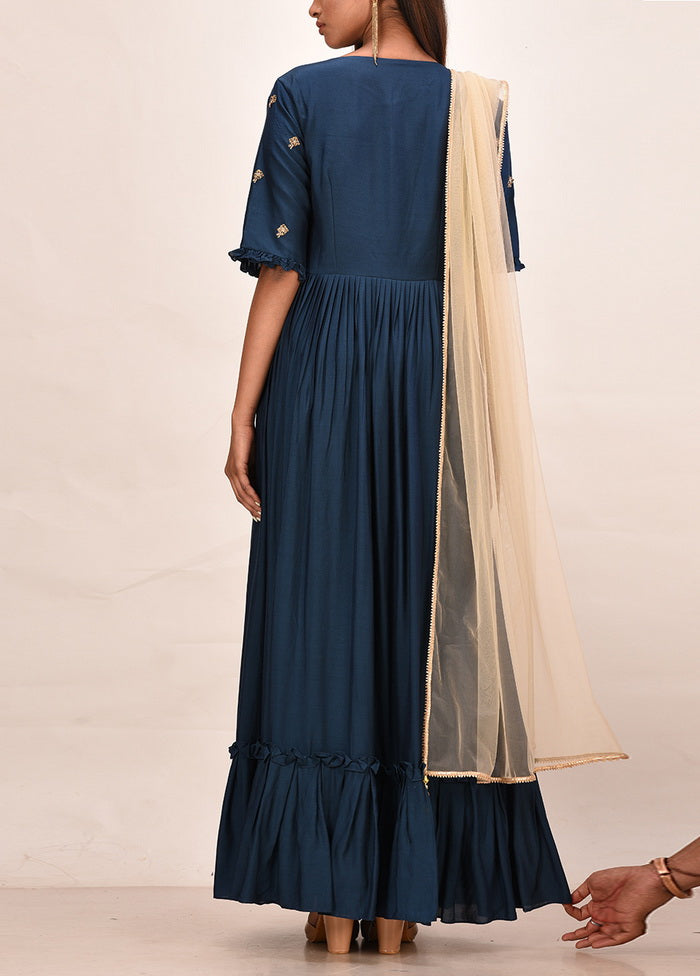 2 Pc Navy Muslin Silk Solid Gown With Dupatta VDVSF00101 - Indian Silk House Agencies