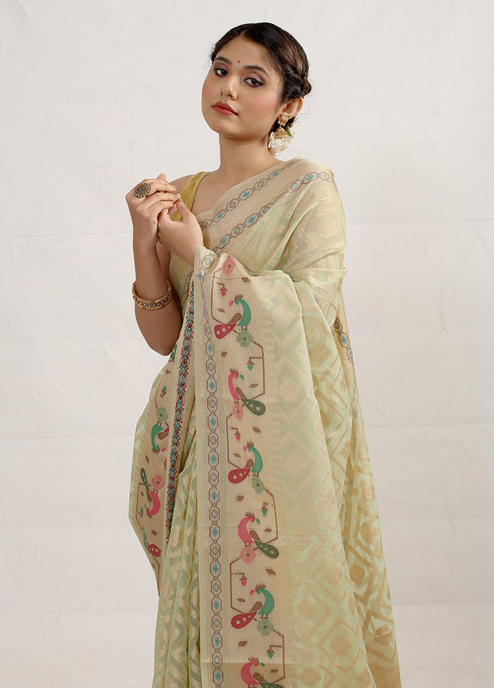 Cream Kora Silk Saree Without Blouse Piece - Indian Silk House Agencies