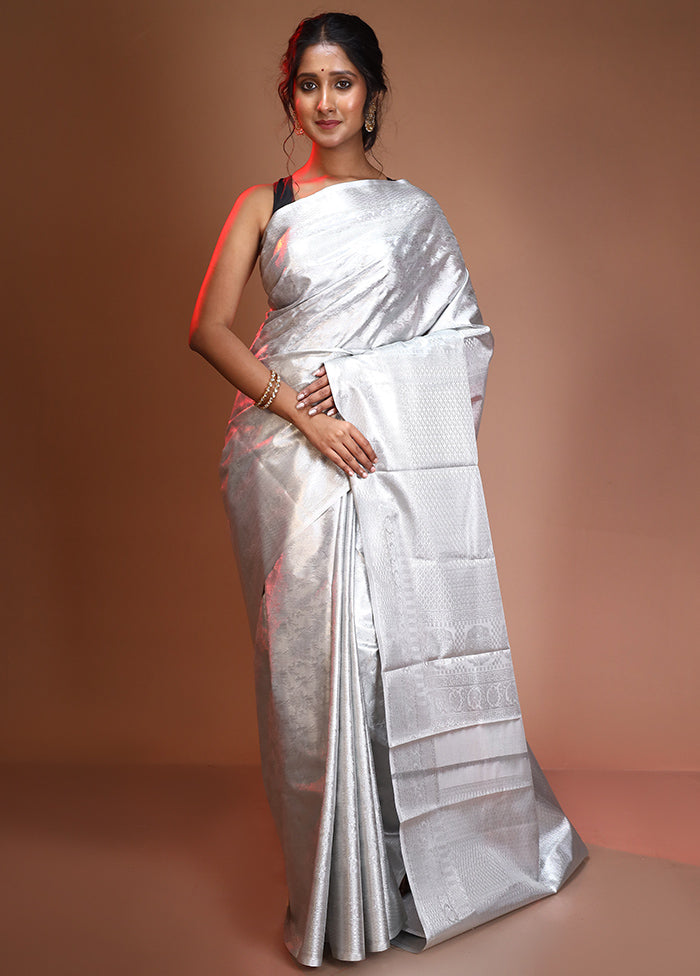 Silver Kanjivaram Silk Saree With Blouse Piece - Indian Silk House Agencies