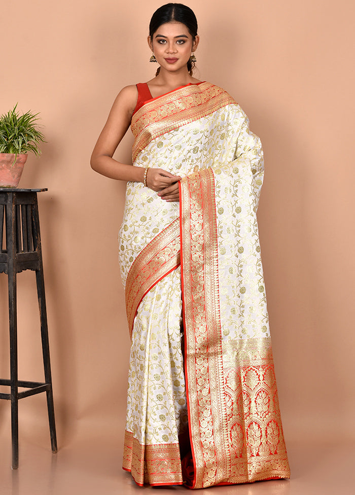 White Banarasi Silk Saree With Blouse Piece - Indian Silk House Agencies