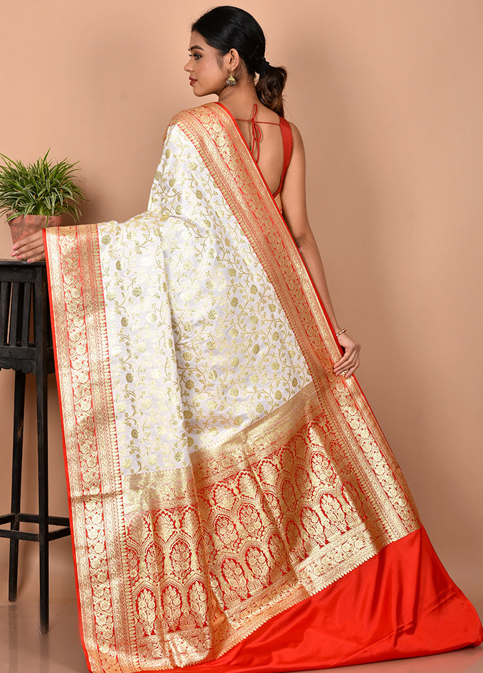 White Banarasi Silk Saree With Blouse Piece - Indian Silk House Agencies