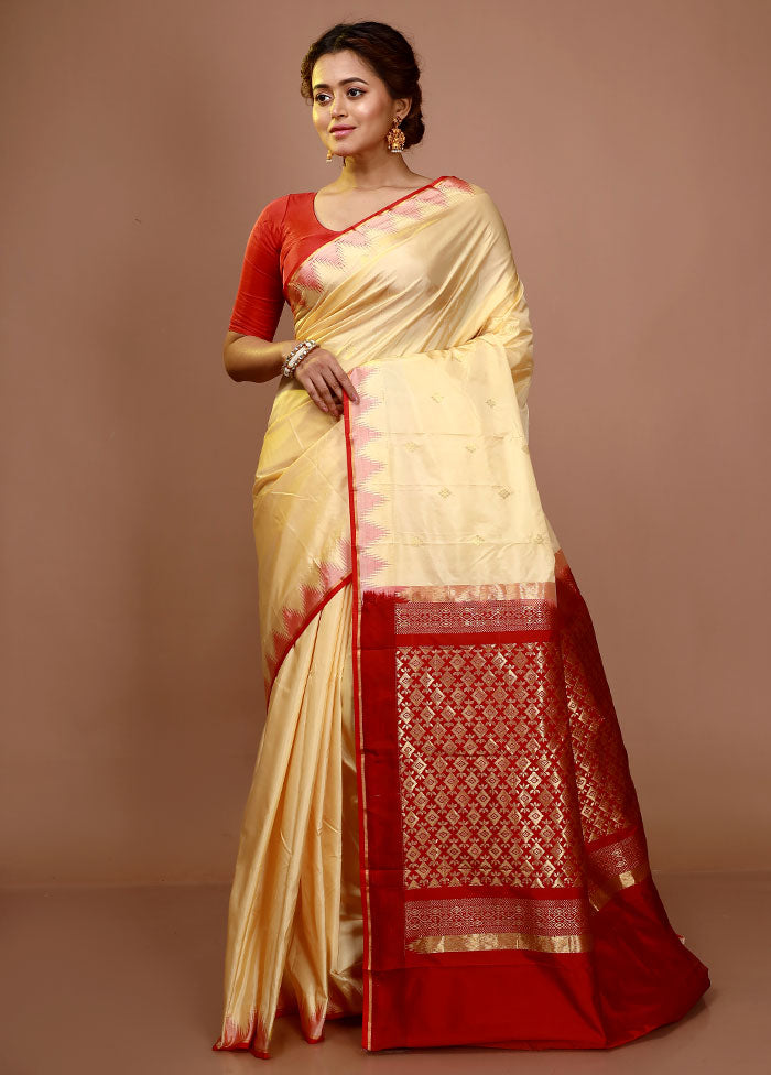 Light Yellow Kanjivaram Silk Zari Woven Saree With Blouse Piece - Indian Silk House Agencies