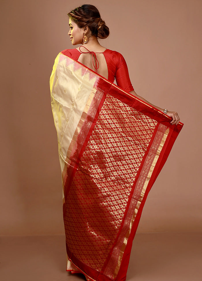 Light Yellow Kanjivaram Silk Zari Woven Saree With Blouse Piece - Indian Silk House Agencies