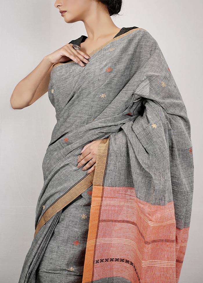 Grey Handloom Pure Cotton Saree With Blouse Piece - Indian Silk House Agencies