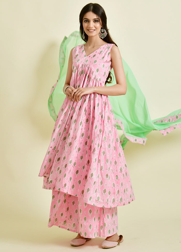 3 Pc Pink Block Print Cotton Suit Set With Dupatta VDRAN1412249 - Indian Silk House Agencies