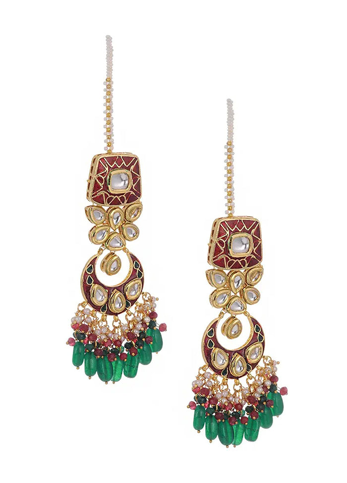 Green Red Gold Tone Kundan Enameled Necklace And Earrings With Mangtika - Indian Silk House Agencies