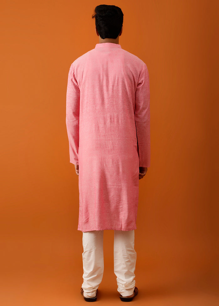 Dark Pink Cotton Full Sleeves Mandarin Collar Long Kurta And Pajama Set