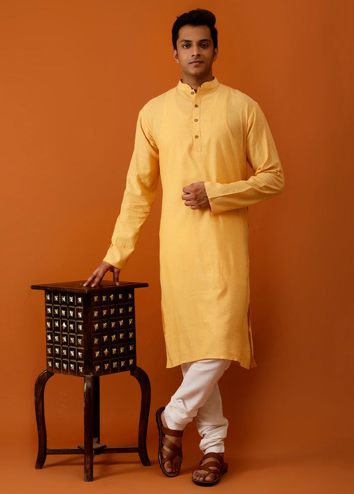 Yellow Cotton Full Sleeves Mandarin Collar Long Kurta And Pajama Set