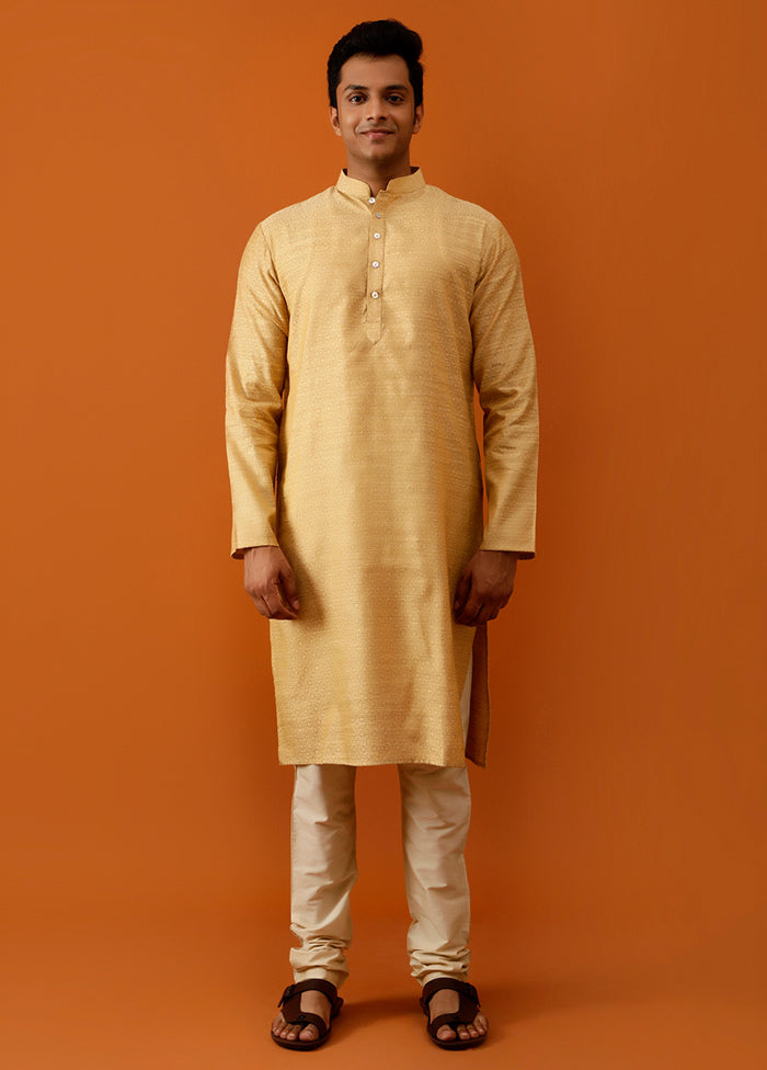 Golden Cotton Full Sleeves Mandarin Collar Long Kurta And Pajama Set