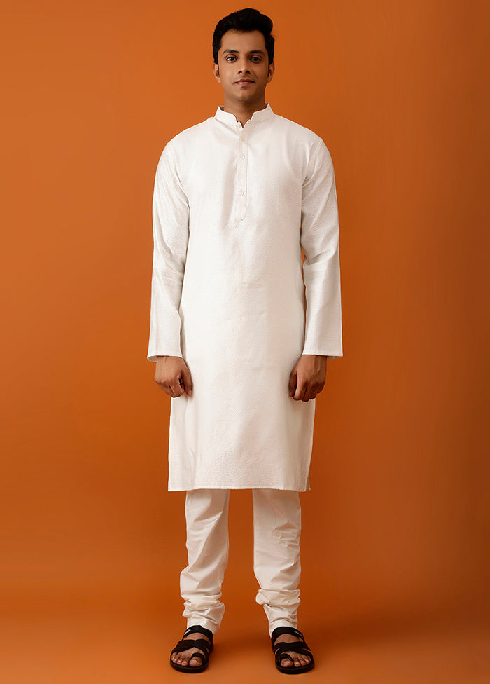 White Cotton Full Sleeves Mandarin Collar Long Kurta And Pajama Set