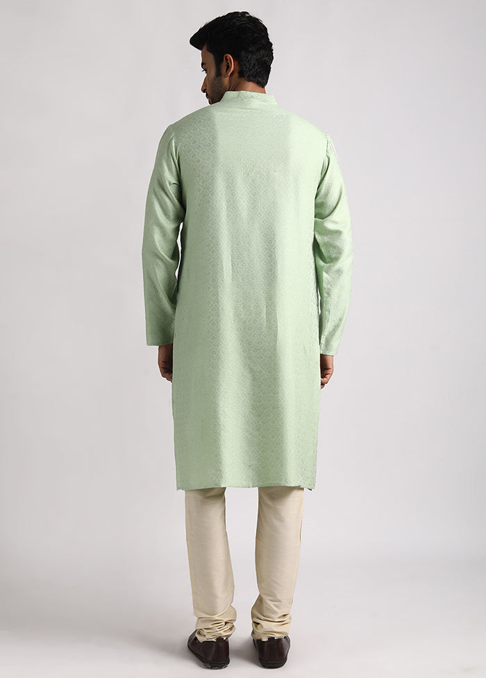 Green Cotton Full Sleeves Mandarin Collar Long Kurta And Pajama Set