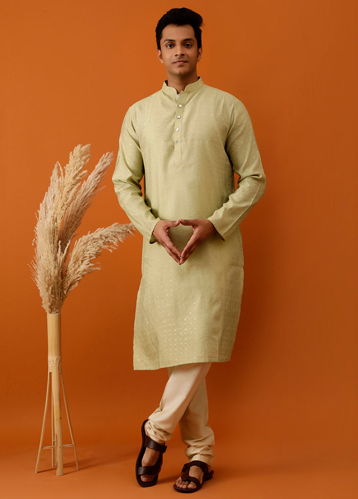 Olive Green Cotton Full Sleeves Mandarin Collar Long Kurta And Pajama Set
