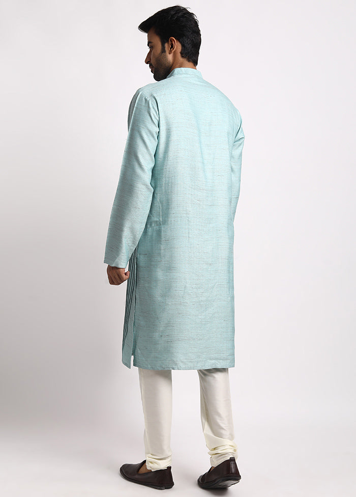 Green Dupion Silk Full Sleeves Mandarin Collar Long Kurta And Pajama Set