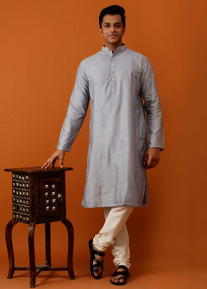 Grey Cotton Full Sleeves Mandarin Collar Long Kurta And Pajama Set