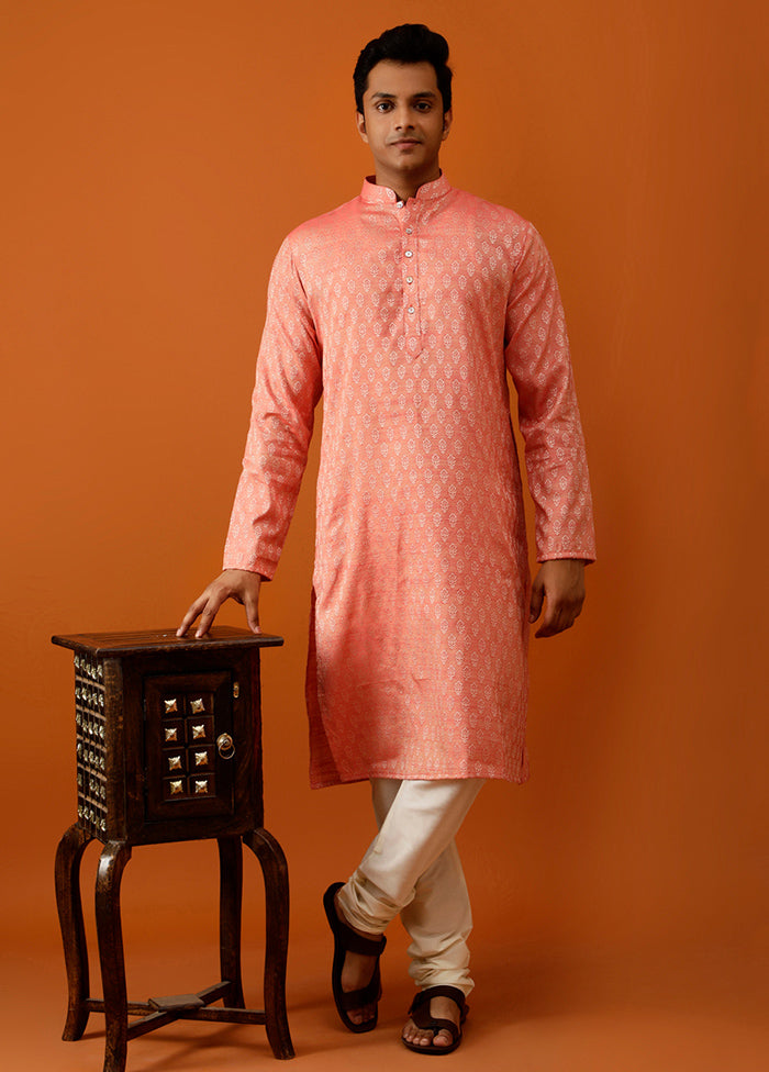 Orange Cotton Full Sleeves Mandarin Collar Long Kurta And Pajama Set
