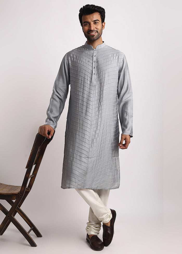 Grey Dupion Silk Full Sleeves Mandarin Collar Long Kurta And Pajama Set
