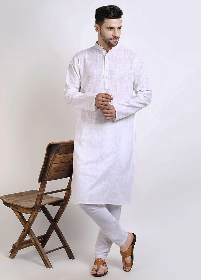 White Cotton Full Sleeves Mandarin Collar Long Kurta And Pajama Set