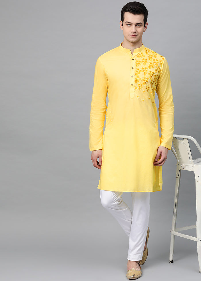 2 Pc Yellow Embroidered Cotton Kurta Set VDVSD240601 - Indian Silk House Agencies