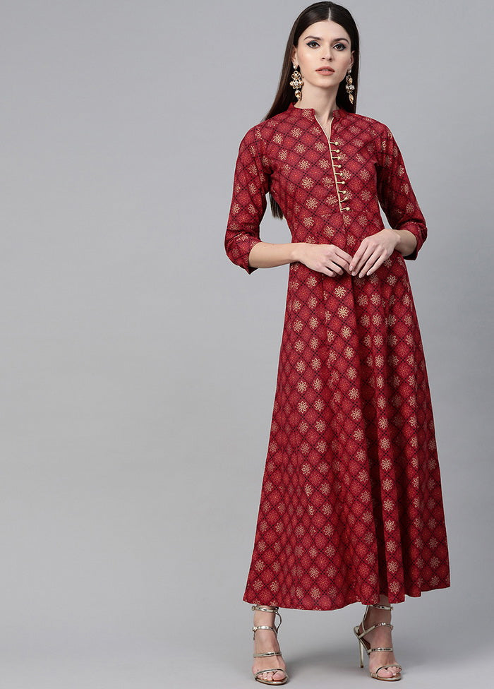 Maroon Gold Printed Flared Maxi Dress VDVSD0065 - Indian Silk House Agencies