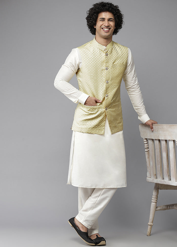 Yellow Pure Silk Kurta And Pajama Set With Jacket VDVSD1912243 - Indian Silk House Agencies