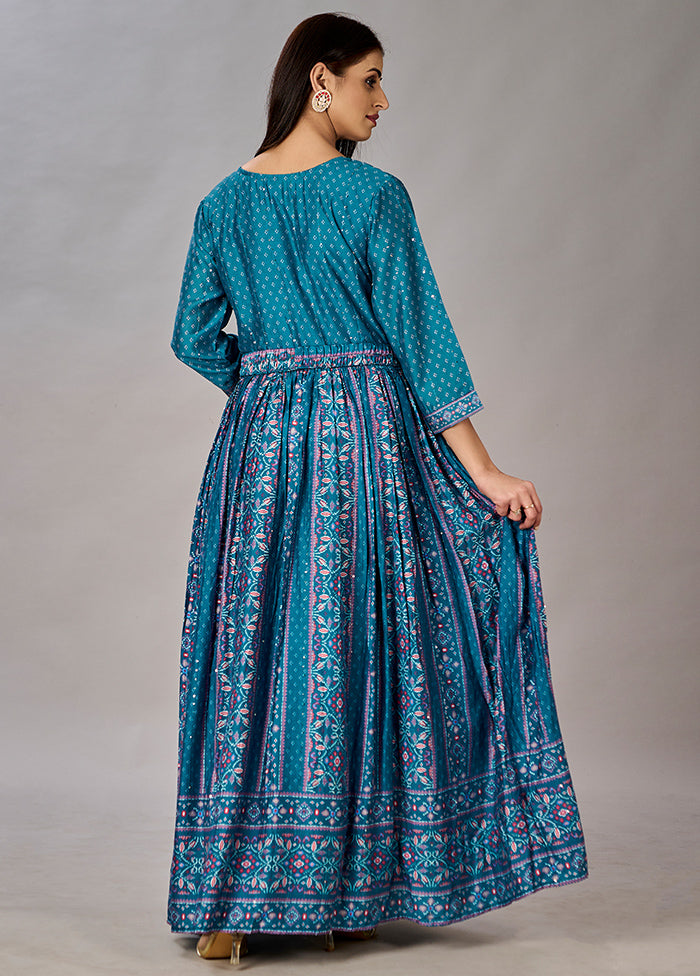 Teal Blue Readymade Silk Gown - Indian Silk House Agencies