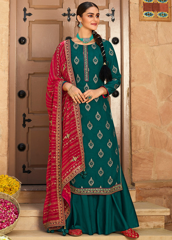 3 Pc Blue Unstitched Polyster Silk Suit Set VDSL150224 - Indian Silk House Agencies