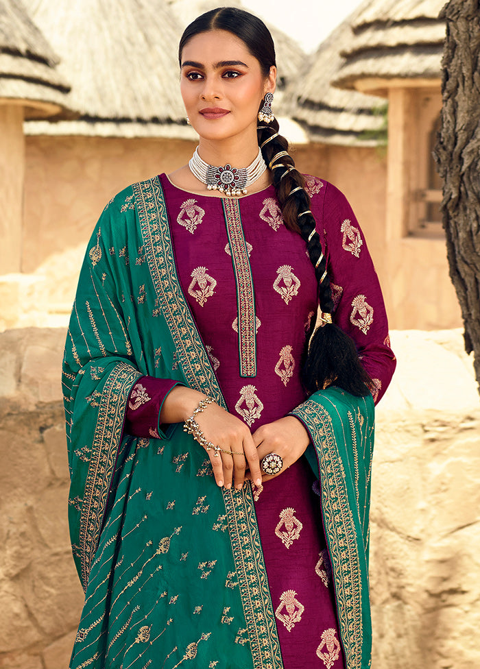 3 Pc Magenta Unstitched Polyster Silk Suit Set VDSL150226 - Indian Silk House Agencies