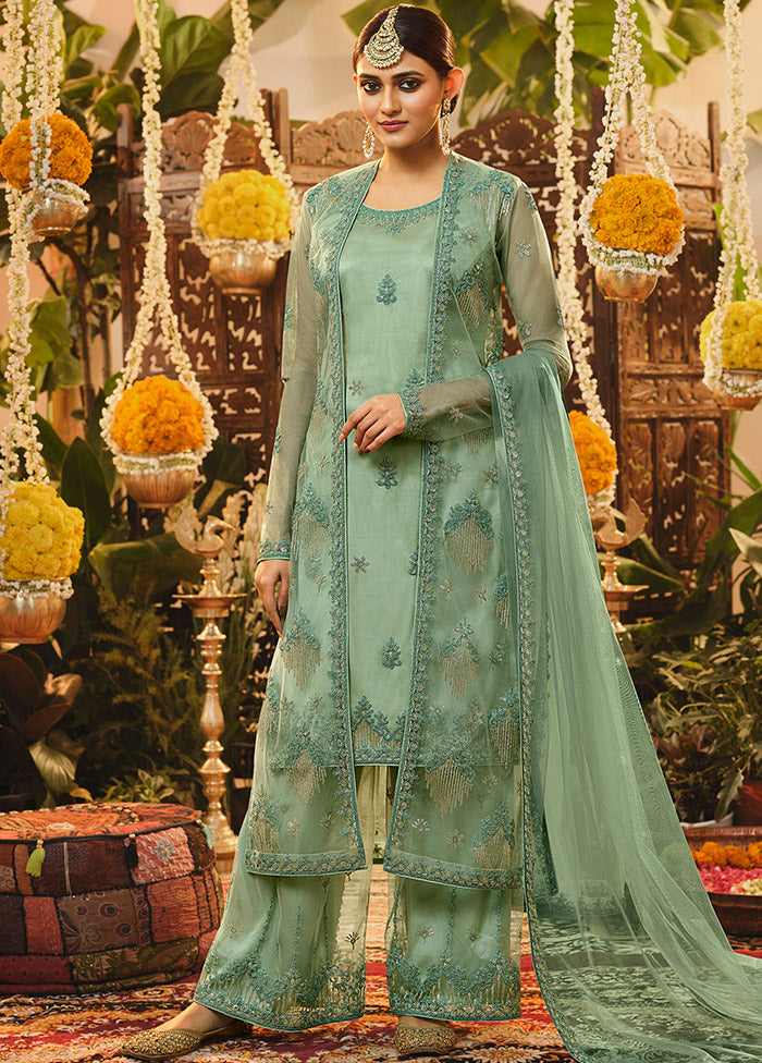 3 Pc Semistitched Green Suit Set With Dupatta VDSL0140622 - Indian Silk House Agencies