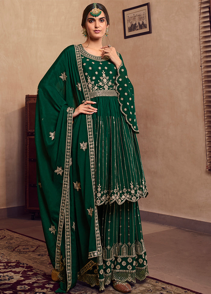 3 Pc Green Semi Stitched Chiffon Suit Set With Dupatta VDSL100160826 - Indian Silk House Agencies