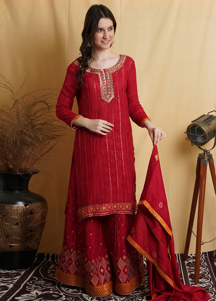 3 Pc Red Chiffon Unstitched Suit Set With Dupatta VDSL001230628 - Indian Silk House Agencies