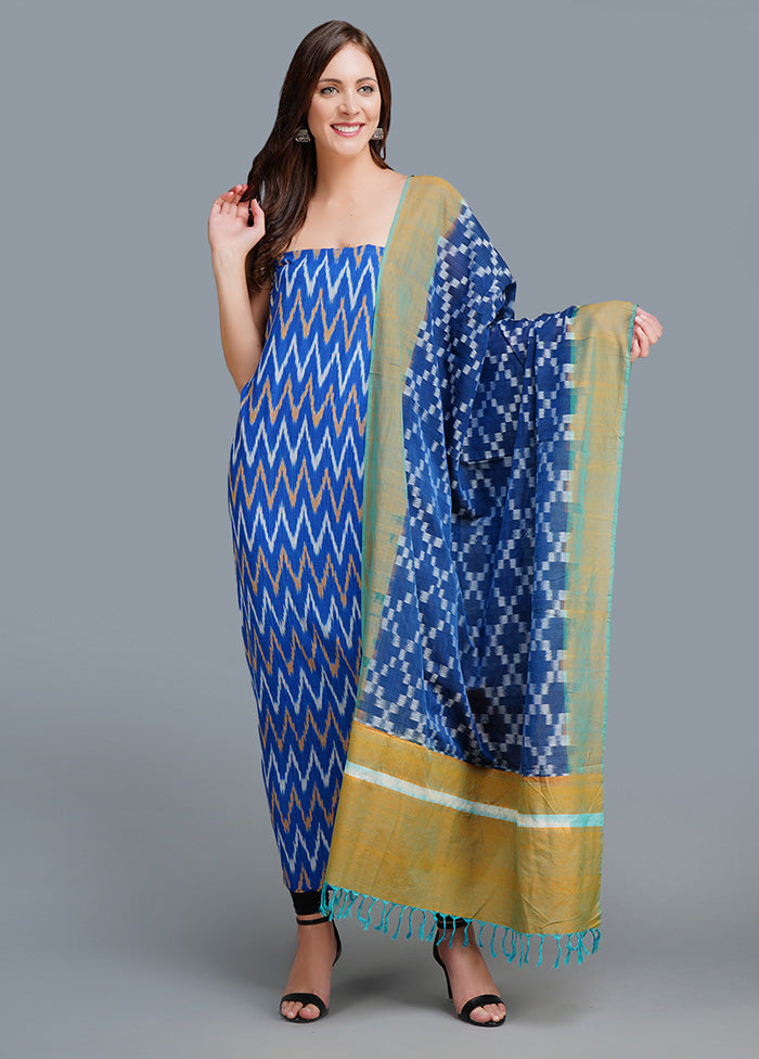 3 Pc Unstitched Blue Cotton Salwar Suit Set With Dupatta VDJB1011226 - Indian Silk House Agencies