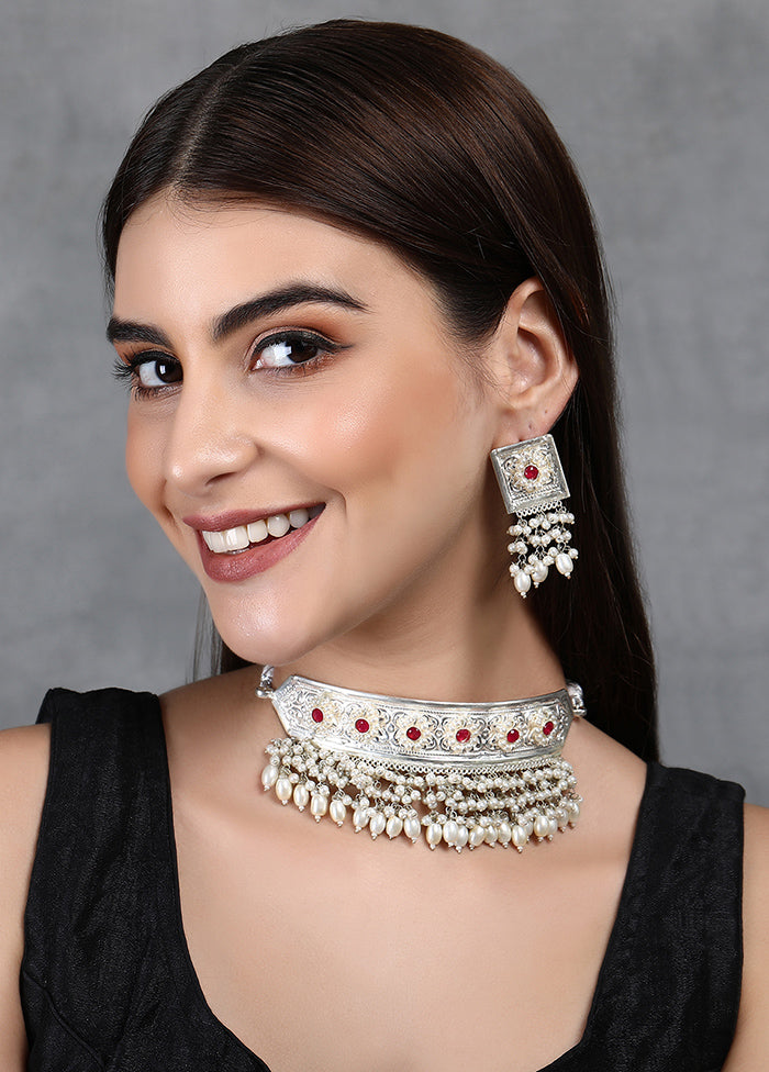 Silver Brass Necklace And Earring Set - Indian Silk House Agencies