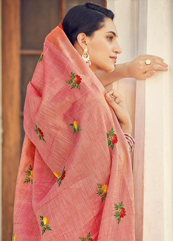 Peach Linen Silk Saree With Blouse Piece - Indian Silk House Agencies