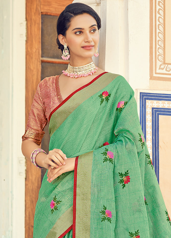 Green Linen Silk Saree With Blouse Piece - Indian Silk House Agencies