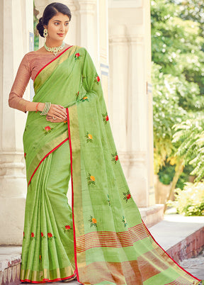 Light Green Linen Silk Saree With Blouse Piece - Indian Silk House Agencies