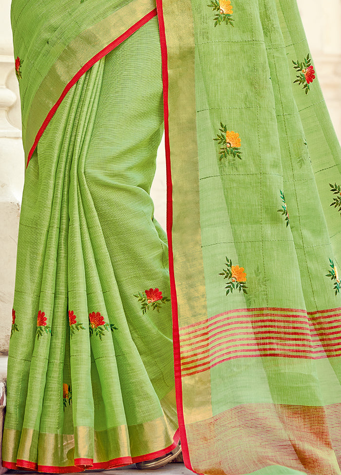 Light Green Linen Silk Saree With Blouse Piece - Indian Silk House Agencies