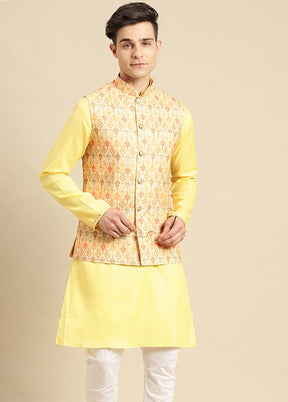 2 Pc Yellow Cotton Printed Kurta Jacket Set - Indian Silk House Agencies