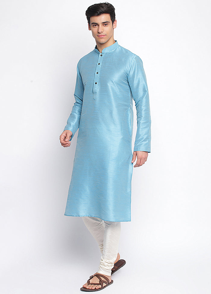 2 Pc Blue Solid Silk Kurta Pajama Set VDSAN040635 - Indian Silk House Agencies