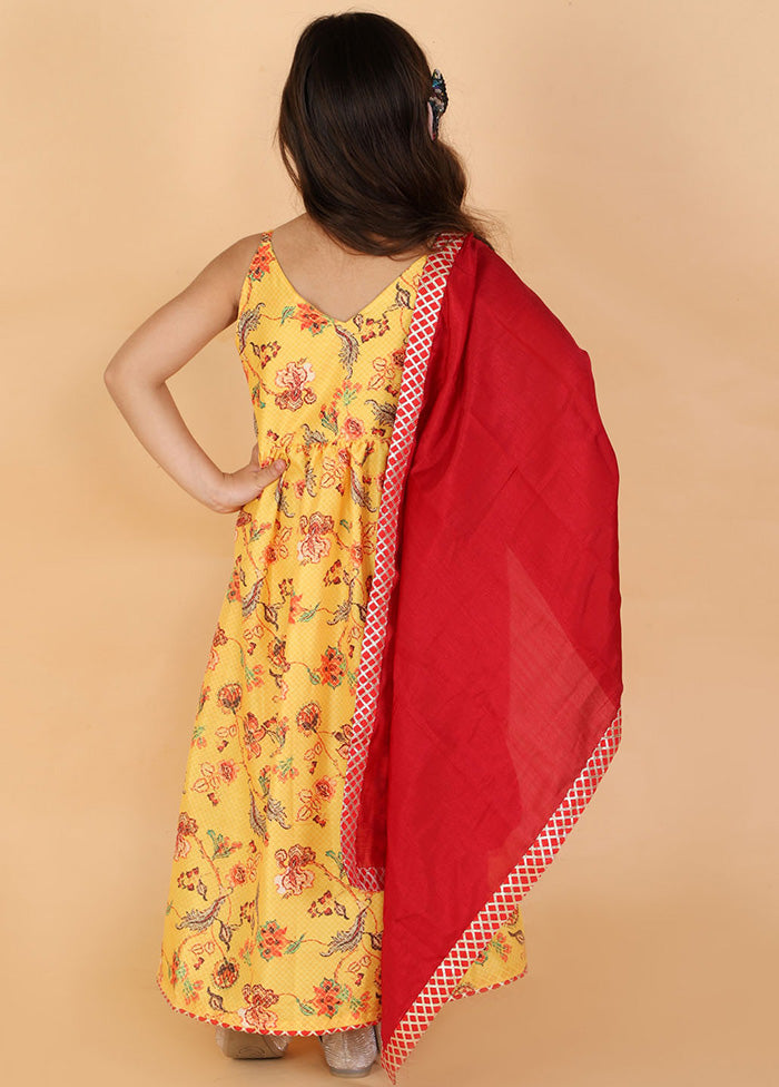 Yellow Floral Printed Long Length Anarkali Dress With Dupatta