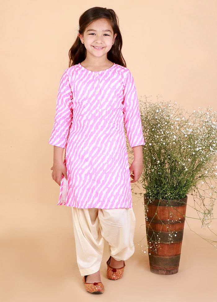 White And Pink Cotton Printed Leharia And Sequins Kurta And Patiala Pant Set