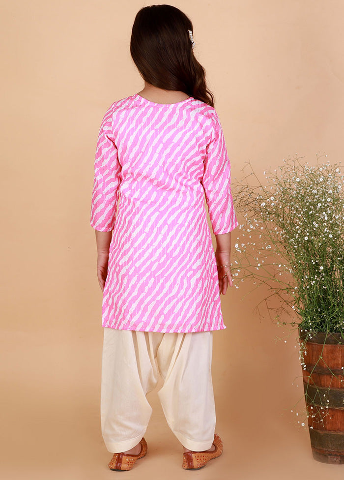 White And Pink Cotton Printed Leharia And Sequins Kurta And Patiala Pant Set
